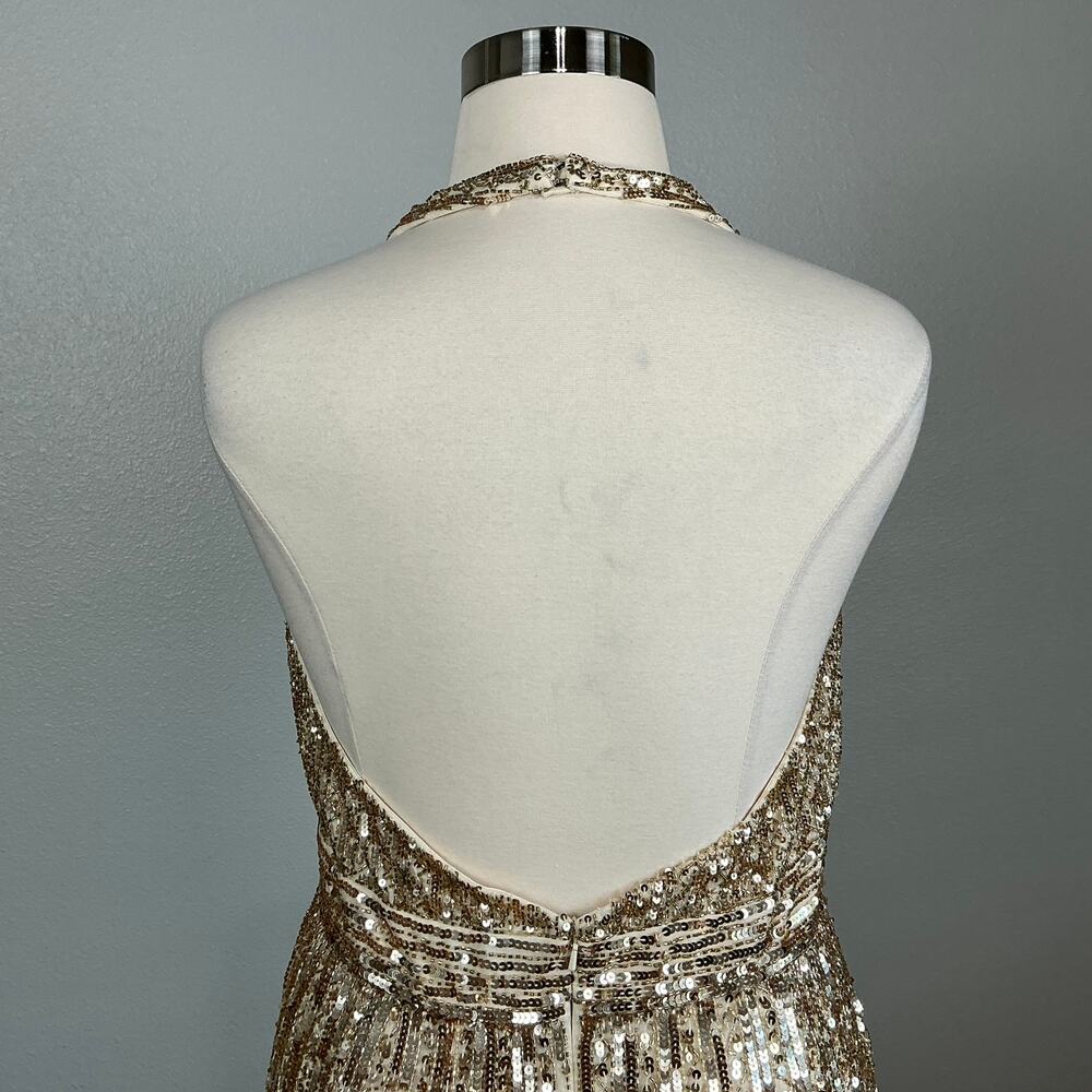 Mac Duggal 5759 Gold Evening Gown Sequined Backless Halter Column Dress Size 16 - Picture 10 of 13